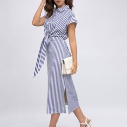 DL Woman Striped Tie-Up Cotton Shirt Style Midi Dress-image-35
