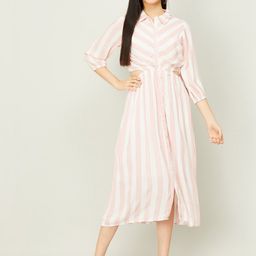 CODE by Lifestyle Women Pink & White Striped Viscose Rayon Shirt Dress-picture-3
