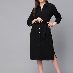 Gipsy Shirt Collar Pocket Details Cotton Shirt Style Midi Dress With Belt-image-11