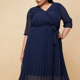 max Plus Size V-Neck Cuffed Sleeves Lace Up & Tie-Ups Detail Wrap Dress-17