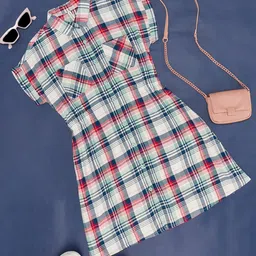 Pantaloons Junior Girls Checked Shirt Collar Extended Sleeve Gathered Cotton Shirt Dress-image-87