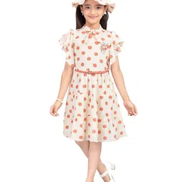 Hunny Bunny Girls Polka Dot Printed Tie-Up Neck Chiffon Fit & Flare Dress With Hat-picture-8