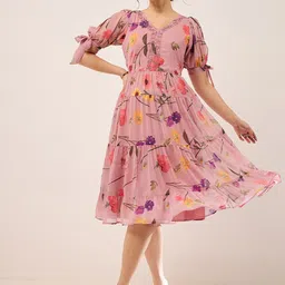 Antheaa Floral Printed V-Neck Puff Sleeves Beads Detail Chiffon Fit & Flare Dress-image-35