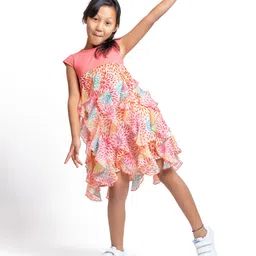 My Little Lambs Girls Round Neck Floral Printed Chiffon Fit & Flare Dress-image-90