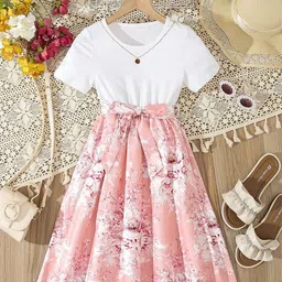 BAESD Girls Floral Round-Neck Short Sleeves Fit & Flare Knee Length Dress-image-32
