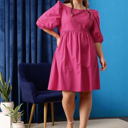 CURVY STREET Fuchsia Plus Size Boat Neck Puff Sleeves Pure Cotton Fit & Flare Dress-9