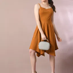 HERE&NOW Valentino Mustard Yellow Shoulder Straps Sleeveless Fit & Flare Dress-picture-35