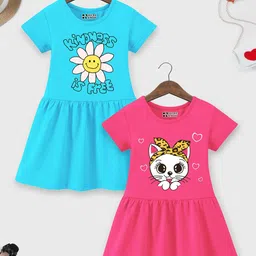 HERE&NOW Girls Pack of 2 Round Neck Print Fit & Flare Cotton Dress-picture-6