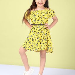 Naughty Ninos Girls Mustard Yellow Floral Printed Fit & Flare Dress-54