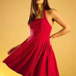STYLECAST X KASSUALLY Red Halter Neck Fit & Flare Dress-image-65