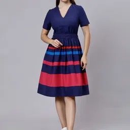 MINGLAY Striped V-Neck Short Sleeves Gathered Cotton Fit & Flare Dress-image-2