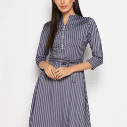 Camey Striped Mandarin Collar Belted Cotton Fit & Flare Dress-image-19