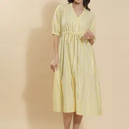 all about you Women Cotton Mandarin Collar Striped Fit & Flare Dress-image-58