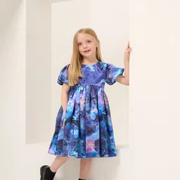 Angel & Rocket Girls Abstract Printed Round Neck Puff Sleeves Gathered Fit & Flare Dress-picture-15