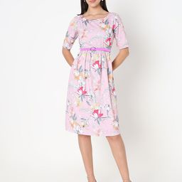 NOT SO PINK Floral Printed Gathered Detailed Fit & Flare Dress With Belt-image-96