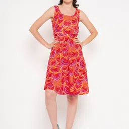Uptownie Lite Red Floral Printed Stretchable Fit & Flare Dress-image-49