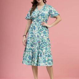 plusS Cream Coloured & Green Floral Printed V-NecK Flared Sleeves Fit & Flare Midi Dress-10
