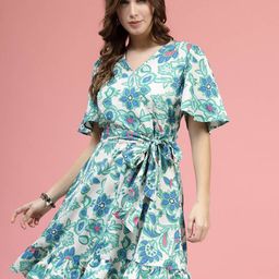 plusS Cream Coloured & Green Floral Printed V-Neck Flared Sleeves Fit & Flare Dress-image-99