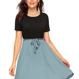 ODETTE Colourblocked Round Neck Acrylic Fit & Flare Dress-image-61