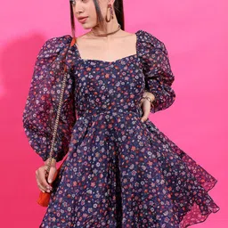 Tokyo Talkies Navy Blue Floral Printed Sweetheart Neck Puff Sleeve Fit & Flare Dress-picture-17