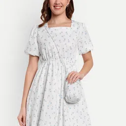 iki chic White Floral Printed Puff Sleeves Fit & Flare Mini Dress With Sling Bag-image-69
