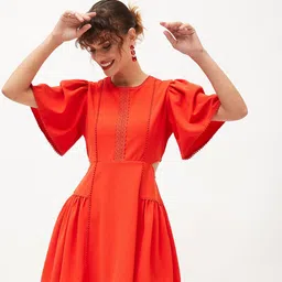 SASSAFRAS Flared Sleeves Lace Inserts And Cut Outs Detail Fit & Flare Dress-picture-37