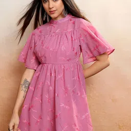 Vishudh Pink Embroidered High Neck Flared Sleeves Gathered Fit & Flare Dress-image-18