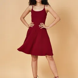 People Maroon Shoulder Straps Sleeveless A-Line Dress-picture-42