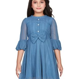 Peppermint Self Design Lace Up Detail Bell Sleeves Net Fit & Flare Dress-picture-50