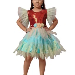 BAESD Girls Embellished Flutter Sleeves Sequined Detail Net Fit & Flare Dress-3