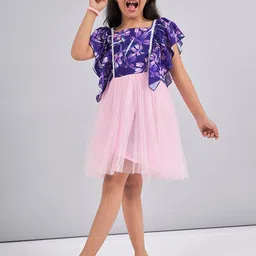 Stylo Bug Girls Floral Printed Square Neck Flutter Sleeve Net Fit & Flare Dress-picture-17