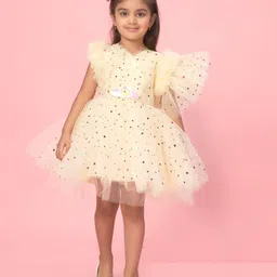 BAESD Printed Flutter Sleeve Sequin Net Fit & Flare Dress-image-56