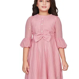 Peppermint Girls Self Designed Bell Sleeves Bow Detailed Net Fit & Flare Dress-picture-9