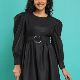 Tokyo Talkies Black Puff Sleeve Fit & Flare Dress-image-25