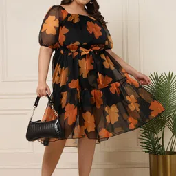 DEEBACO Plus Size Floral Print Puff Sleeve Fit & Flare Dress-32