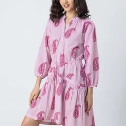 Moomaya Floral Printed Mandarin Collar Puff Sleeve Fit & Flare Cotton Dress-picture-3
