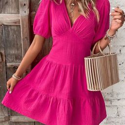 StyleCast Pink Puff Sleeve Cotton Fit & Flare Dress-image-27