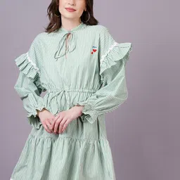 MINGLAY  Striped Cotton Tie-Up Neck Puff Sleeve Fit & Flare Dress-image-1