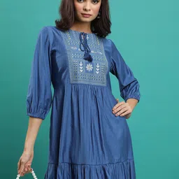 Vishudh Embroidered Tie-Up Neck Puff Sleeves Gathered A-Line Dress-image-63