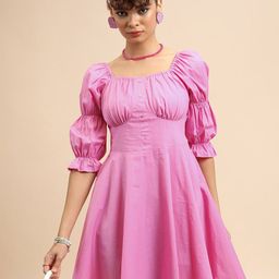 Tokyo Talkies Pink Puff Sleeve Fit & Flare Cotton Dress-image-34