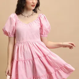 Tokyo Talkies Pink V-Neck Puff Sleeves Smocked Tiered Fit & Flare Dress-image-86