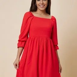 Globus Red Puff Sleeve Fit & Flare Dress-image-71