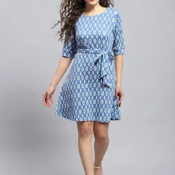 Monte Carlo Ethnic Motifs Print Cotton Round Neck Fit & Flare Casual Dress-image-101
