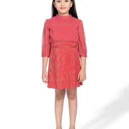 Tiny Baby Girls Self Design Accordion Pleats Satin A-Line Dress With Cover Up Top & Belt-image-41