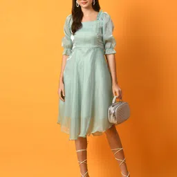 KALINI Square Neck Puff Sleeves Silk Fit & Flare Dress-image-10