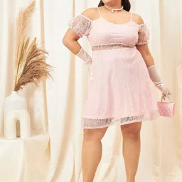 Berrylush Curve Plus Size Self Design Cold-Shoulder Fit & Flare Mini Dress-picture-11
