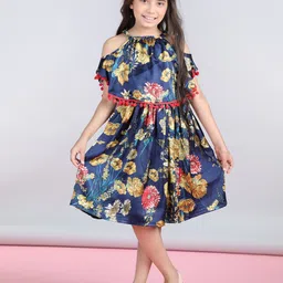 StyleStone Girls Floral Printed Cape Sleeve Pom Pom Tie Up Satin A-Line Dress-picture-5