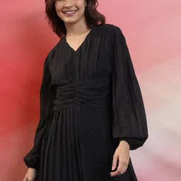 Tokyo Talkies V-Neck Cuffed Sleeves Gathered Fit & Flare Dress-picture-39