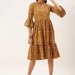 KALINI Abstract Printed Bell Sleeve Tiered Cotton Fit & Flare Dress-17