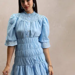 Tokyo Talkies Blue Self Design High Neck Gathered or Pleated Fit & Flare Mini Dress-image-72